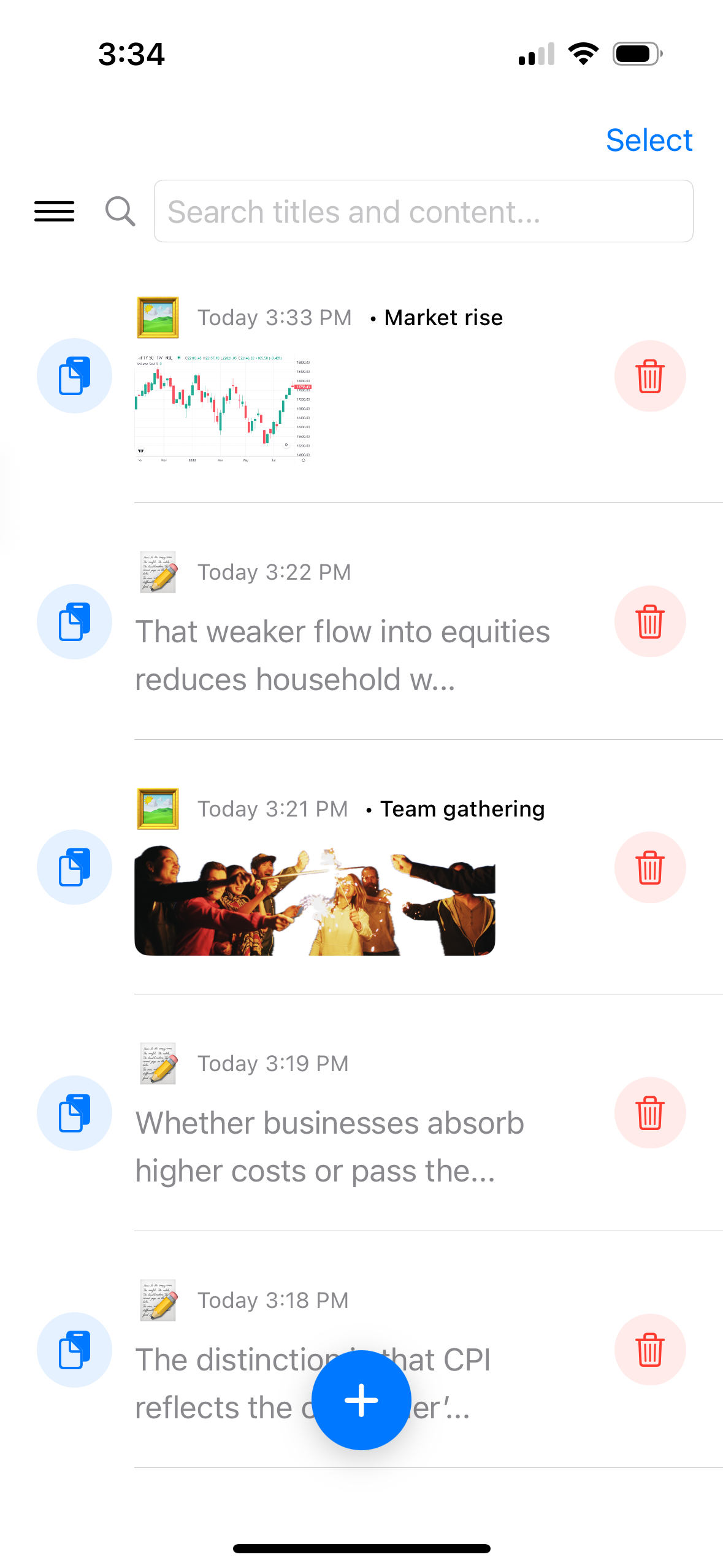 ClipStash main interface showing a list of saved clips including market data charts, text snippets, and images with timestamps and titles