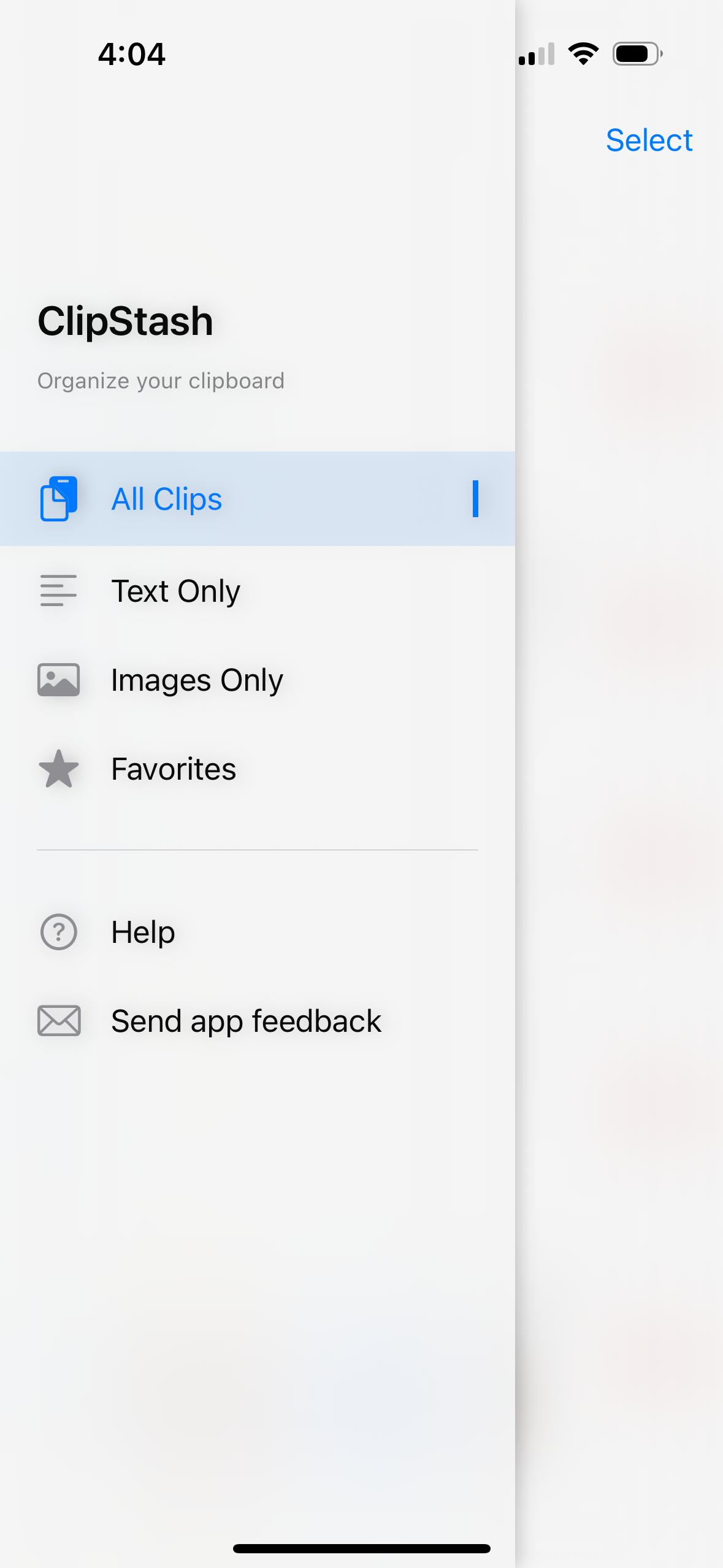 Navigation drawer displaying filter options including All Clips, Text Only, Images Only, and Favorites