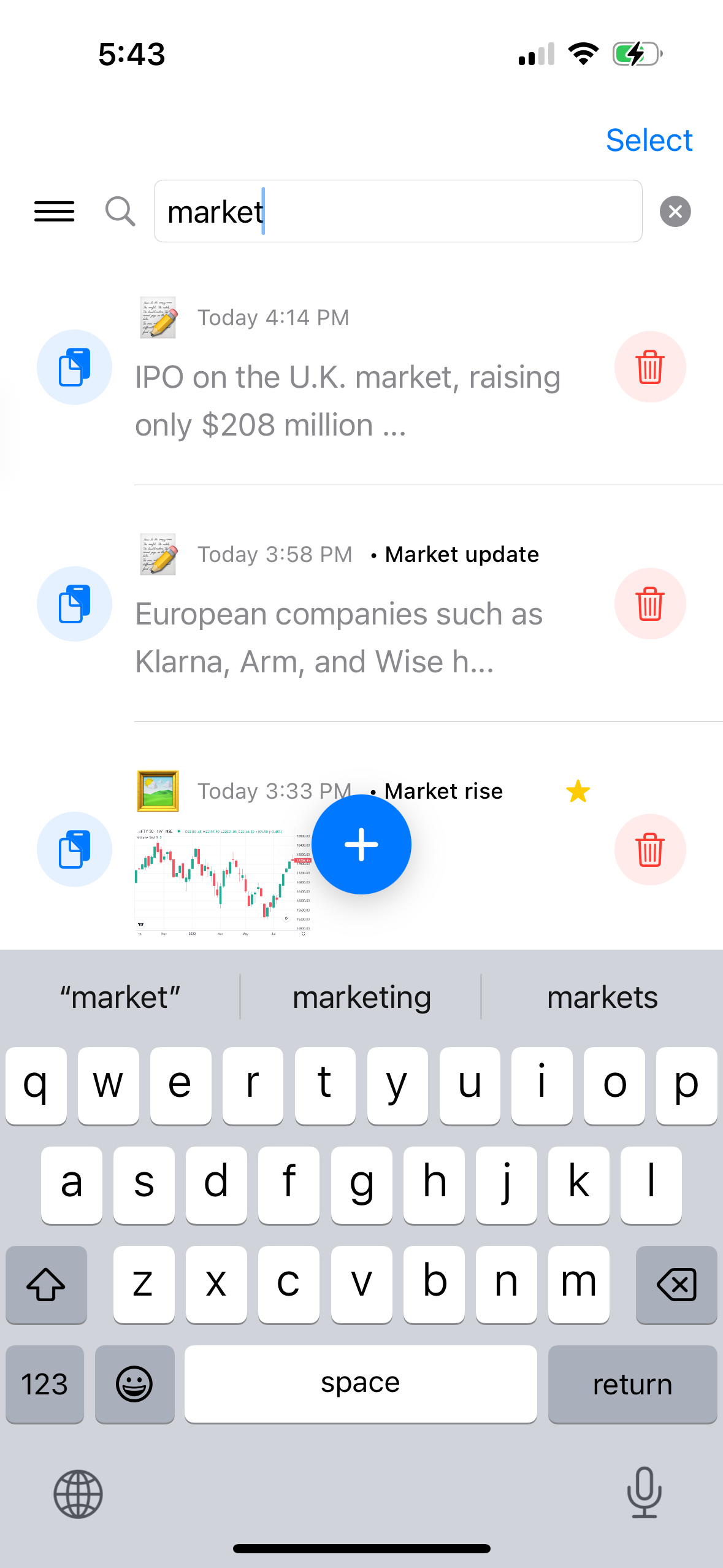 Search functionality showing active search results filtering clips in real-time